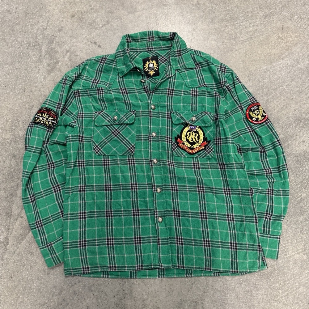 Men's XL Green Plaid Flannel Shirt Embroidered Patch Snap Rock Republic